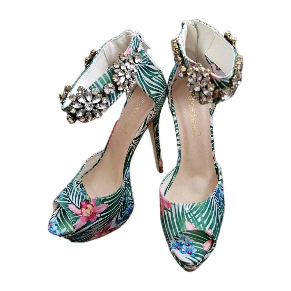 ShoeDazzle Platform Heels Womens 6.5 Green Nayana Floral Crystal Embellished